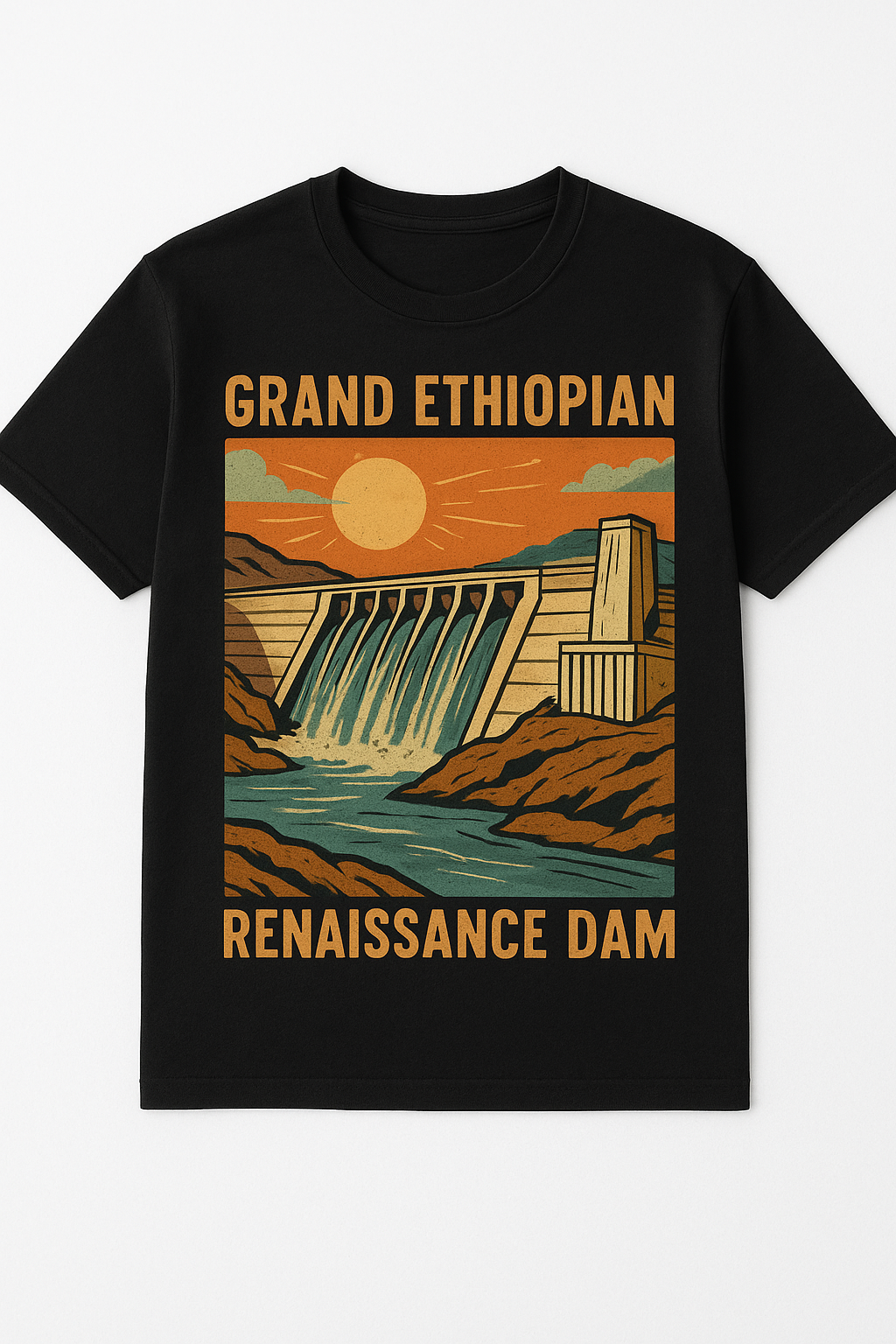 Black t-shirt with a graphic of the Grand Ethiopian Renaissance Dam