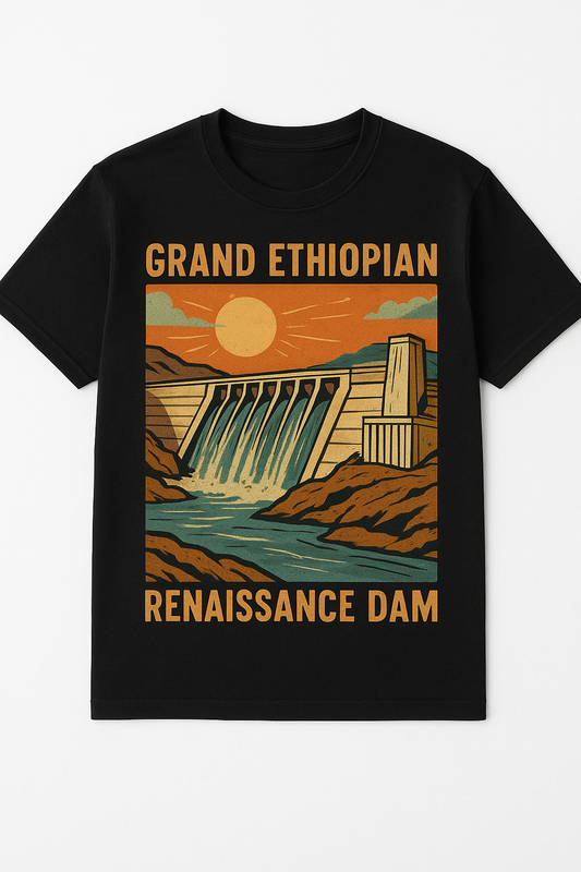 Black t-shirt with a graphic of the Grand Ethiopian Renaissance Dam 